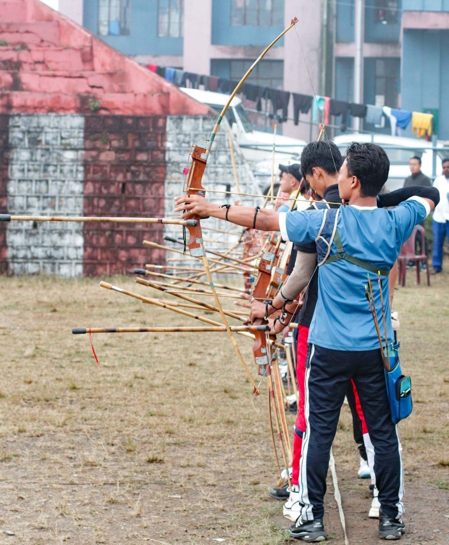 Participants of archery competition at Indira Gandhi Stadium, Kohima on December 9.